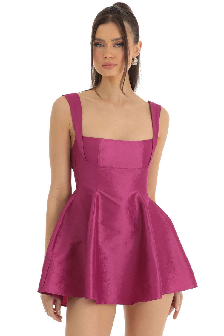 Elegant Square Neck Sleeveless Bow Tie Fit & Flare Party Mini Dress - Fashionpara