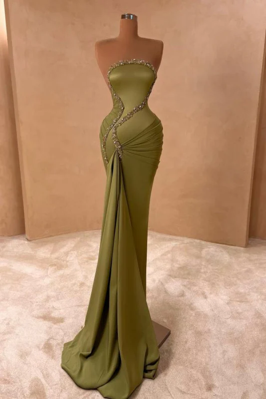 Elegant Strapless Silver Beaded Mermaid Olive Green Satin Floor-Length Prom Dresses