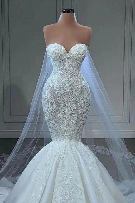 Elegant Strapless Sleeveless Mermaid Satin Floor-Length Wedding Dresses with Lace (ZD16416) - View 2 | VelvetHem
