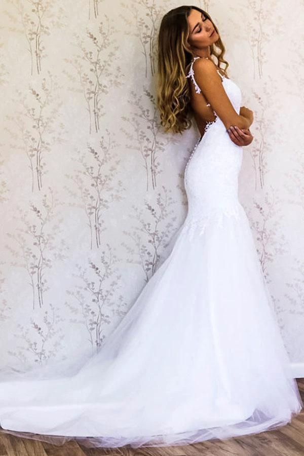 Elegant Straps Mermaid White Long Wedding Dress Bridal Gown (ZD15470)