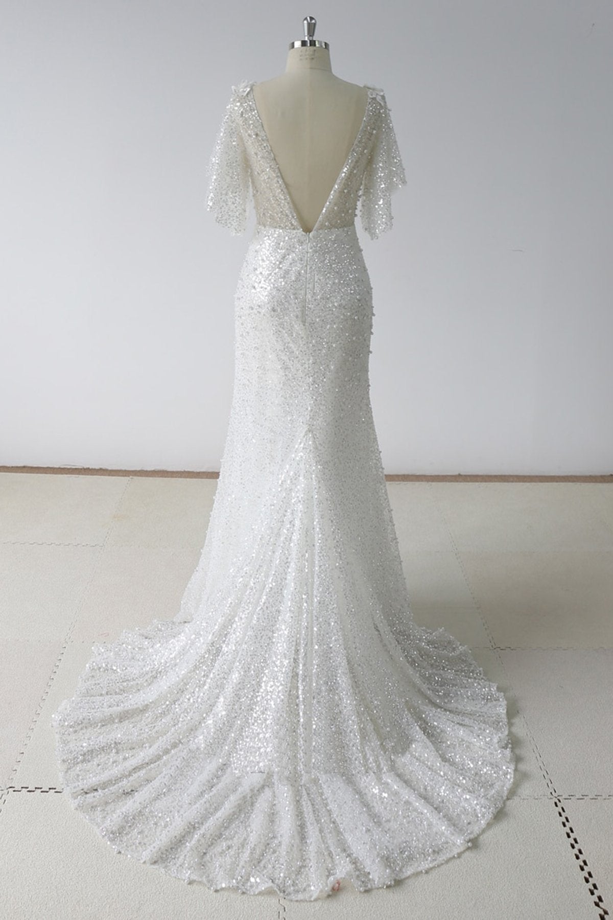 Elegant Stunning Sequins White Tulle Wedding Dress Sweep Train Mermaid Short Sleeve Bridal Gowns On Sale (ZD17438) - View 2 | VelvetHem
