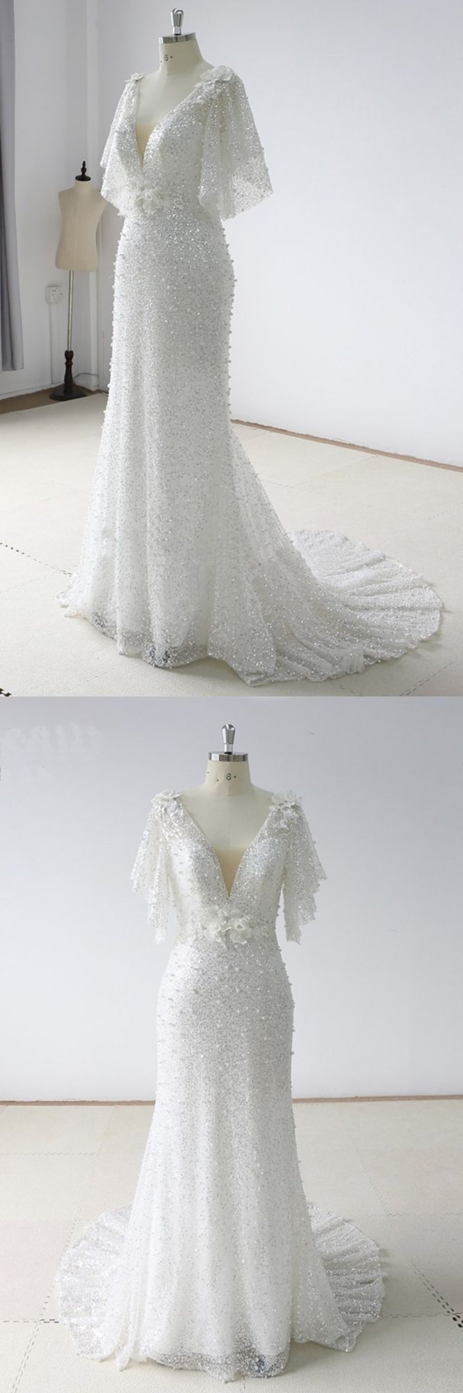 Elegant Stunning Sequins White Tulle Wedding Dress Sweep Train Mermaid Short Sleeve Bridal Gowns On Sale (ZD17438)