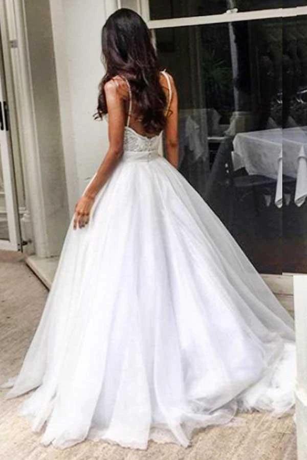 Elegant Sweep Train Backless Wedding Dress with Lace Top Spaghetti Straps (ZD15469)