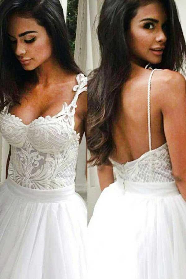 Elegant Sweep Train Backless Wedding Dress with Lace Top Spaghetti Straps (ZD15469)