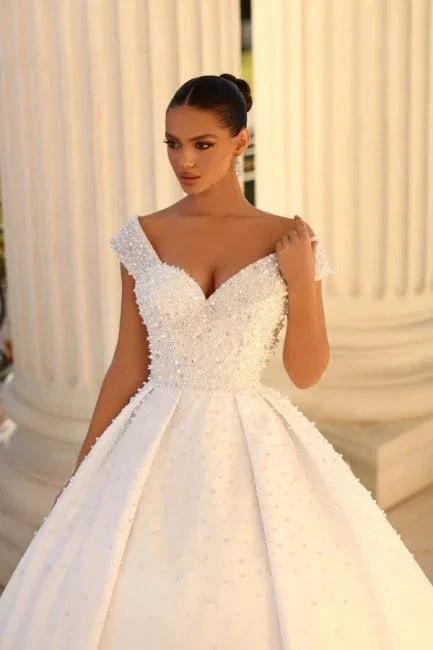 Elegant sweetheart cap sleeves ball gown satin wedding dress sequined (ZD14866)