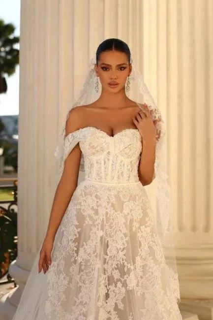 Elegant sweetheart capsleeves aline lace Wedding dresses (ZD14873)