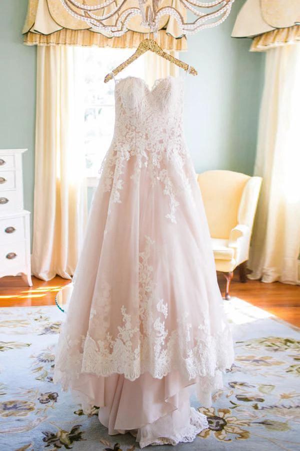 Elegant Sweetheart High Low Blush Wedding Dress with White Lace (ZD15468)