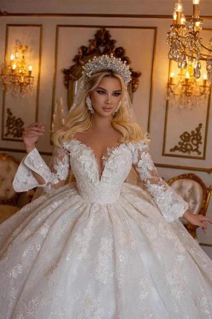 Elegant Sweetheart Long Sleeves Ball Gown Lace Wedding Gowns Bridal Dresses (ZD14977) - View 3 | VelvetHem