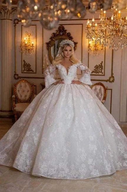 Elegant Sweetheart Long Sleeves Ball Gown Lace Wedding Gowns Bridal Dresses (ZD14977) - VelvetHem