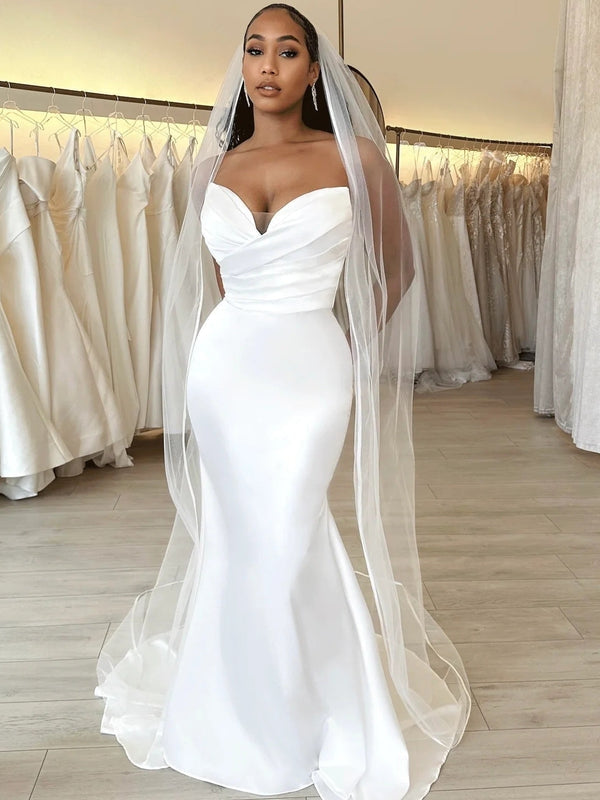 Sweetheart Ruched Satin Simple Mermaid Wedding Dress