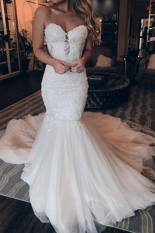 Elegant Sweetheart Mermaid Lace Long Wedding Dress With Beading (ZD15372) - VelvetHem
