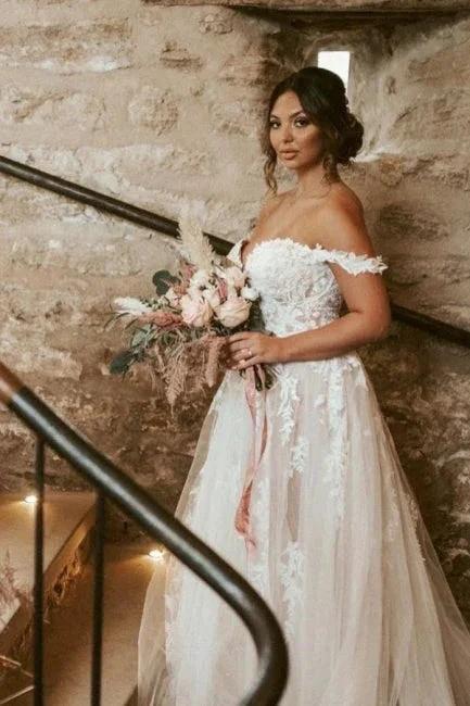Elegant sweetheart off-the-shoulder cap sleeves a-line lace wedding dress (ZD14843)