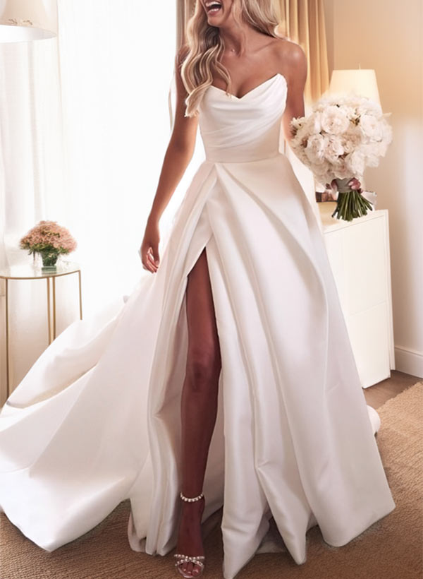 Elegant Sweetheart Satin Sweep Train Wedding Dresses Split Front