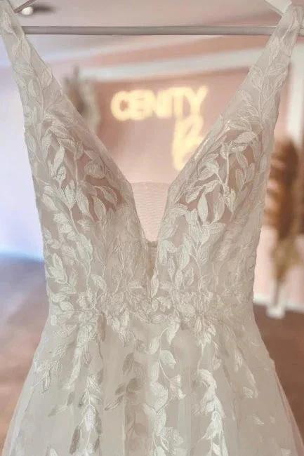 Elegant sweetheart V-neck sleeveless a-line lace Wedding dresses (ZD14865)