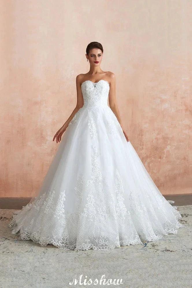 Elegant Sweetheart White Wedding Dress | Simple Tulle Beach Aline Ball Gown (ZD13985) - VelvetHem