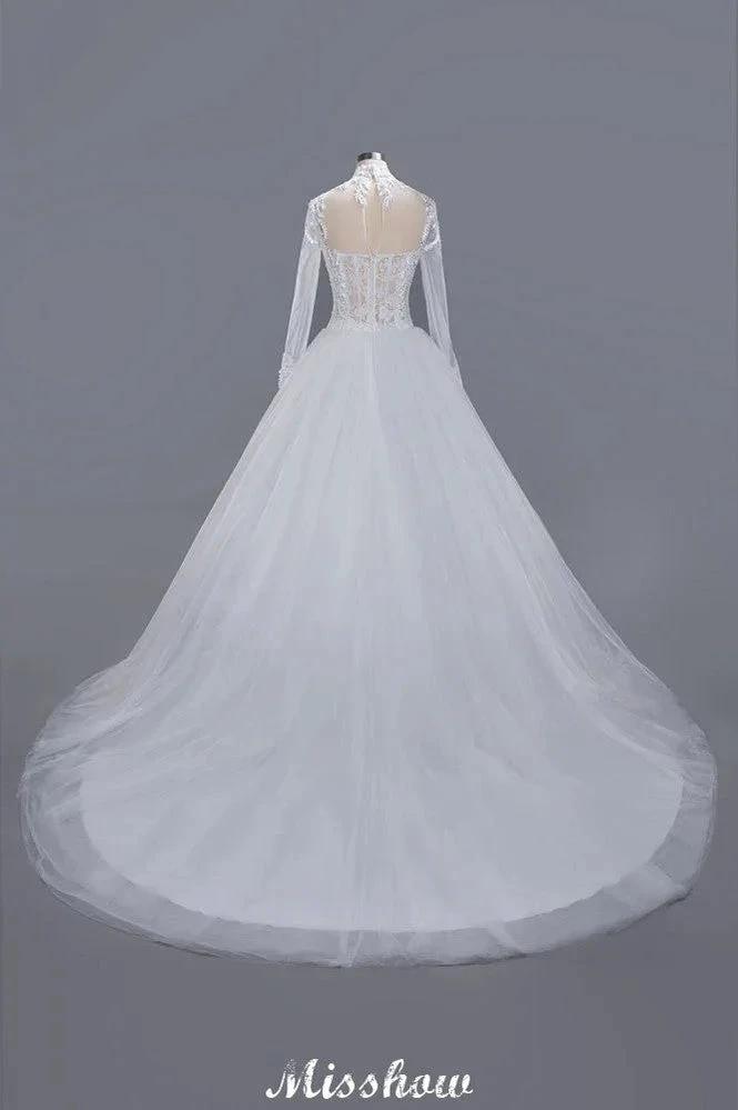 Elegant Tulle Lace Ball Gown High Neck Long Sleeves Floor Length Wedding Dress (ZD13991) - View 2 | VelvetHem