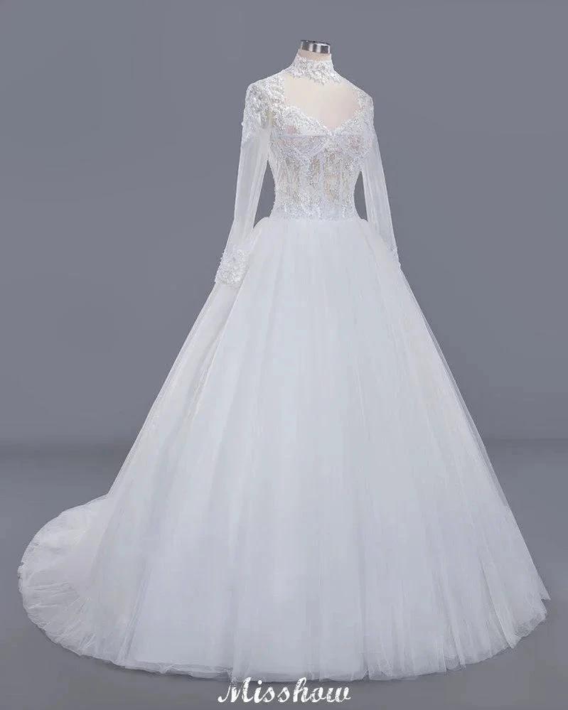 Elegant Tulle Lace Ball Gown High Neck Long Sleeves Floor Length Wedding Dress (ZD13991)