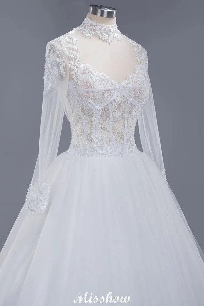 Elegant Tulle Lace Ball Gown High Neck Long Sleeves Floor Length Wedding Dress (ZD13991) - View 5 | VelvetHem