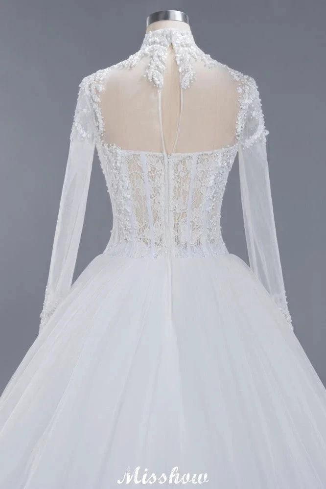 Elegant Tulle Lace Ball Gown High Neck Long Sleeves Floor Length Wedding Dress (ZD13991)
