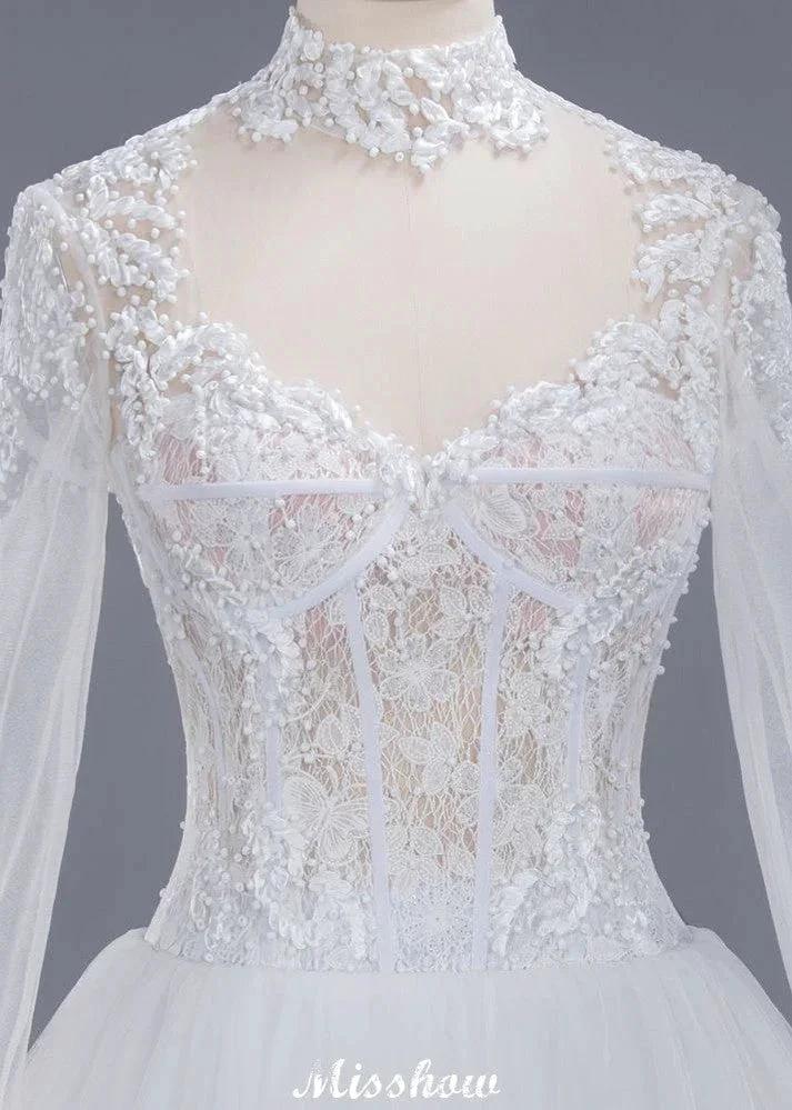 Elegant Tulle Lace Ball Gown High Neck Long Sleeves Floor Length Wedding Dress (ZD13991)