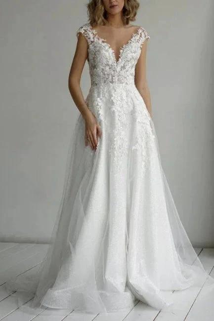 Elegant V-Neck A-Line Sleeveless Wedding Dresses With Lace (ZD14602) - VelvetHem