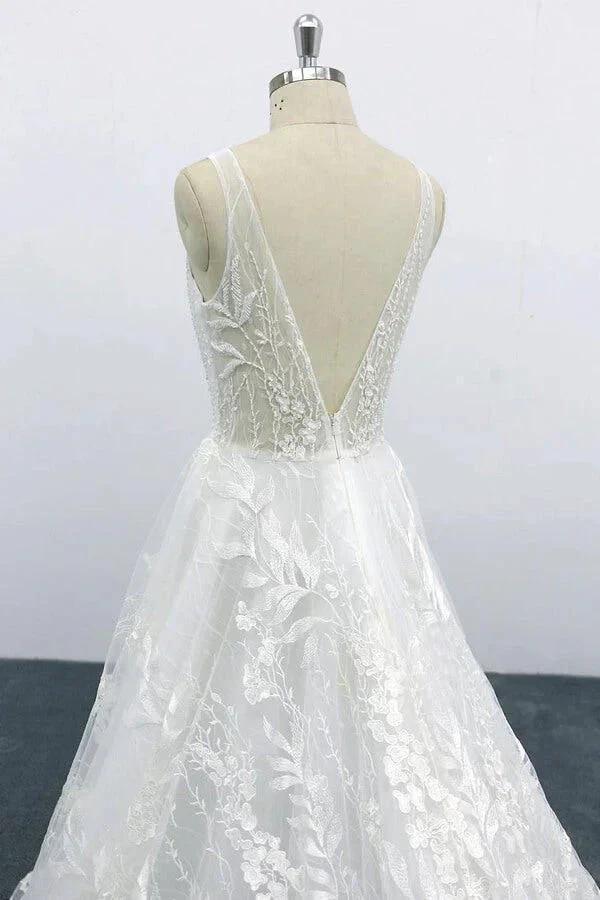 Elegant V-neck Appliques Tulle A-line Wedding Dress (ZD13921)