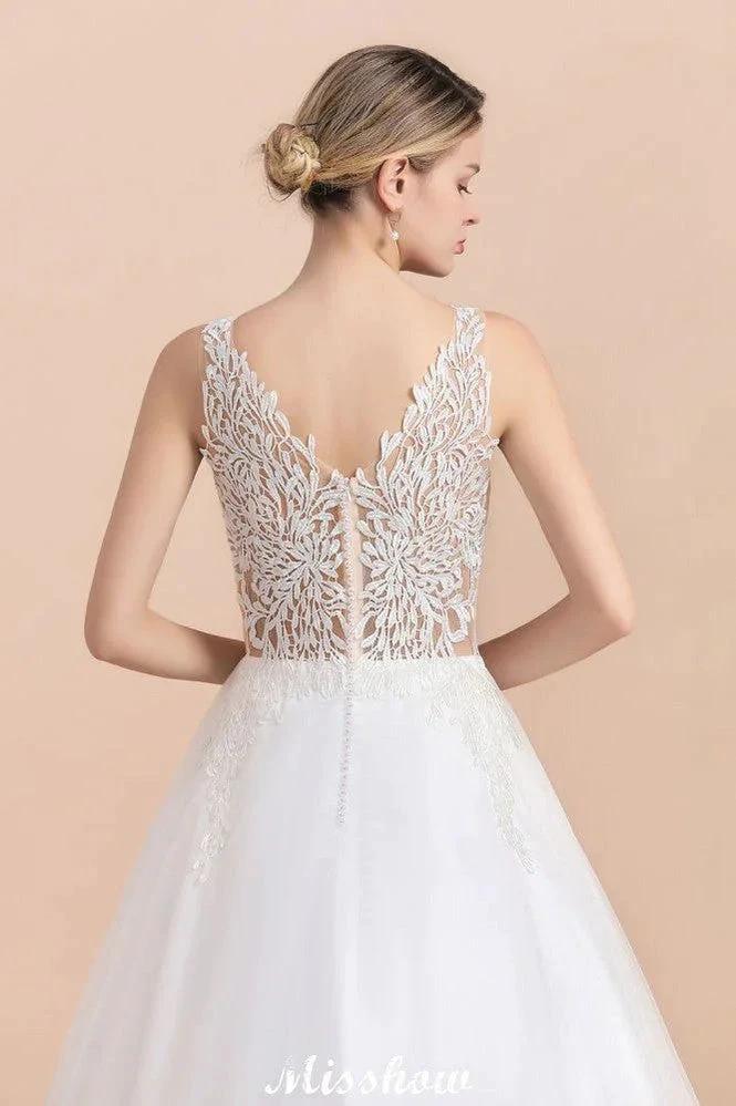 Elegant V-Neck Floral Lace A-line Wedding Dress Beach Sleeveless Tulle Church Dress (ZD13986)