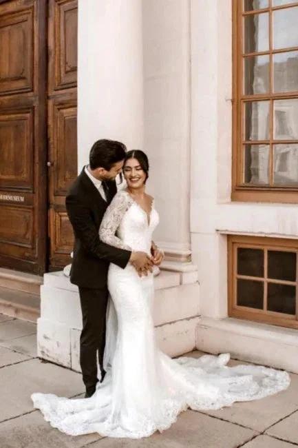 Elegant V-Neck Long-Sleeve Mermaid Floor-Length Lace Wedding Dresses with Chapel Trian (ZD14678)