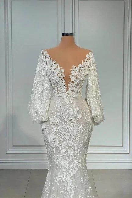 Elegant V-neck Long Sleeves Mermaid Lace Wedding Dress (ZD14936)