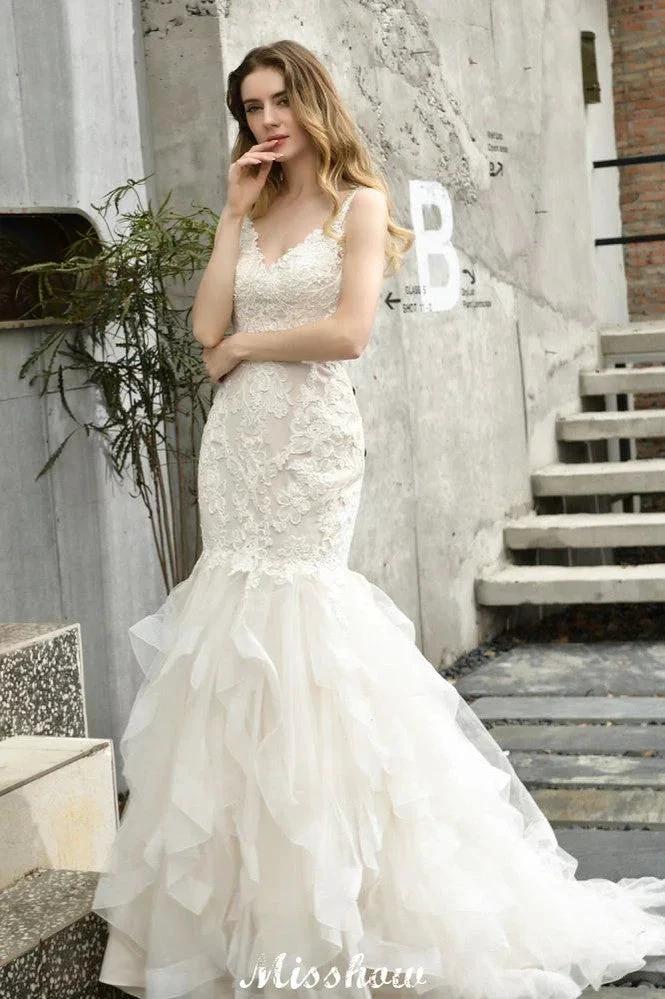 Elegant V-Neck Mermaid Bridal Gown Tulle Lace Appliques Puffy Wedding Dress (ZD13968)
