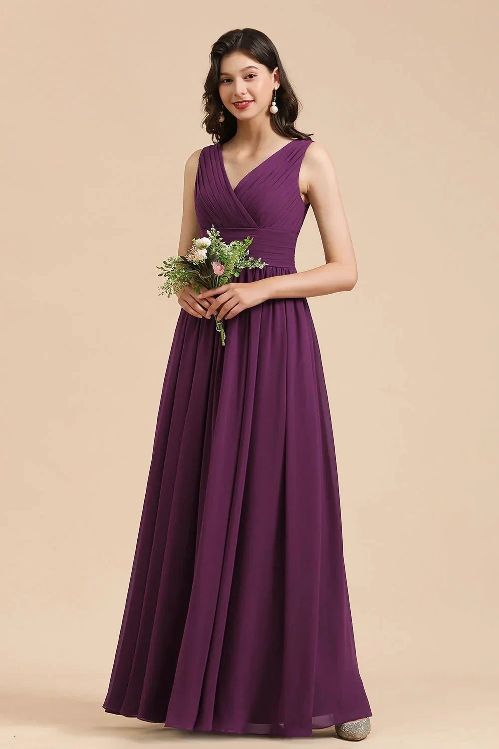 Elegant V-Neck Ruffle A-line Chiffon Lace Bridesmaid Dresses (ZD12875)