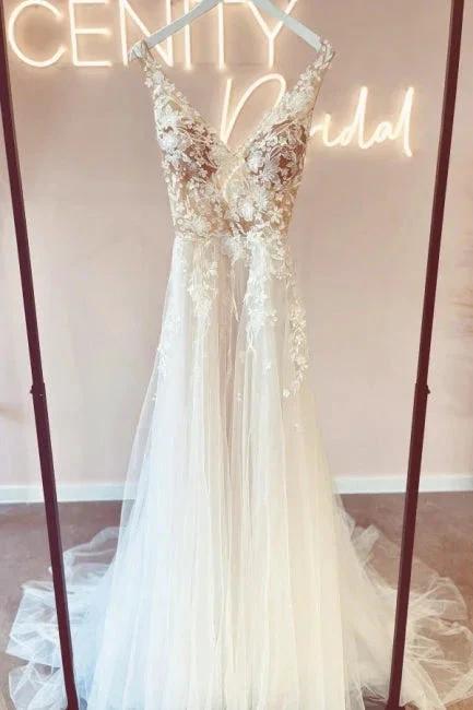 Elegant v-neck sleeveless a-line backless lace Wedding dresses (ZD14854)