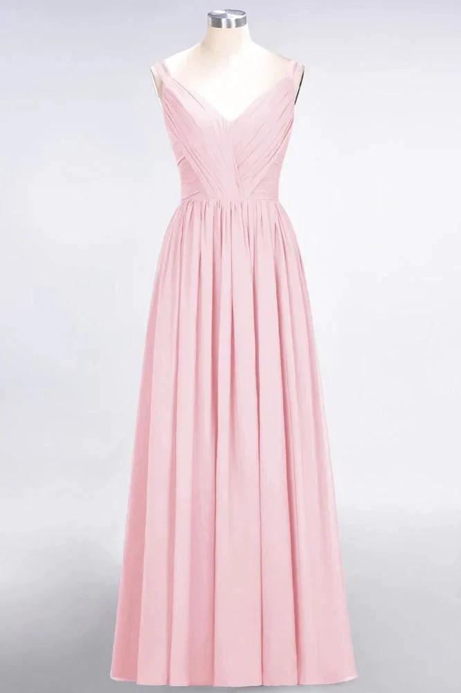 Elegant V-Neck Strap Backless Ruffles Chiffon Floor-Length Bridesmaid Dress by misshow.com