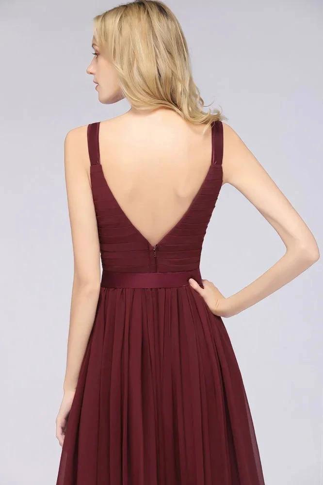 Elegant V-Neck Strap Backless Ruffles Chiffon Floor-Length Bridesmaid Dress (ZD13113)