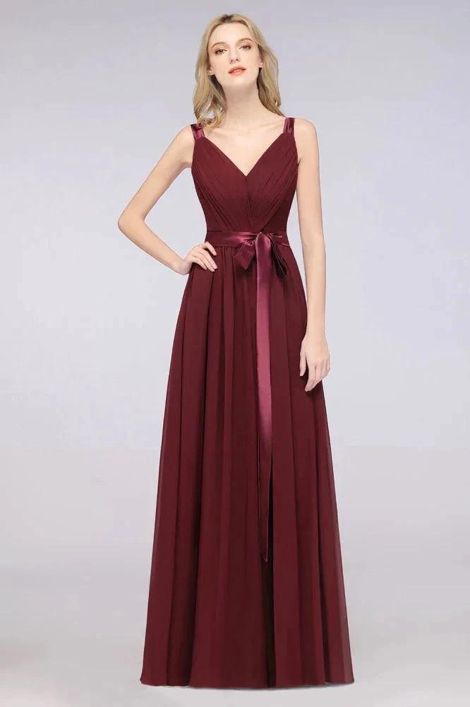 Elegant V-Neck Strap Backless Ruffles Chiffon Floor-Length Bridesmaid Dress by misshow.com
