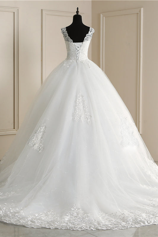 Elegant V-Neck Tull Lace White Wedding Dress Sleeveless Appliques Bridal Gowns On Sale (ZD17457)