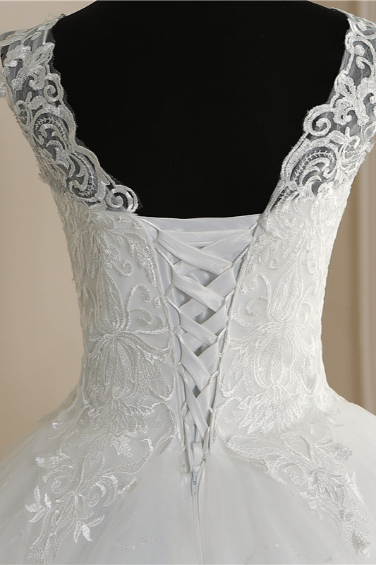 Elegant V-Neck Tull Lace White Wedding Dress Sleeveless Appliques Bridal Gowns On Sale (ZD17457)