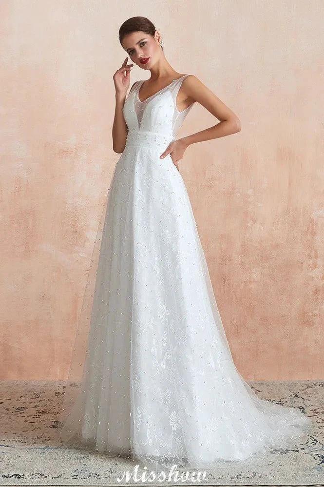 Elegant V-Neck Tulle Pearls Wedding Dress Beach Bridal Gown (ZD13970)
