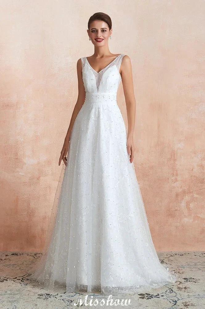Elegant V-Neck Tulle Pearls Wedding Dress Beach Bridal Gown (ZD13970)