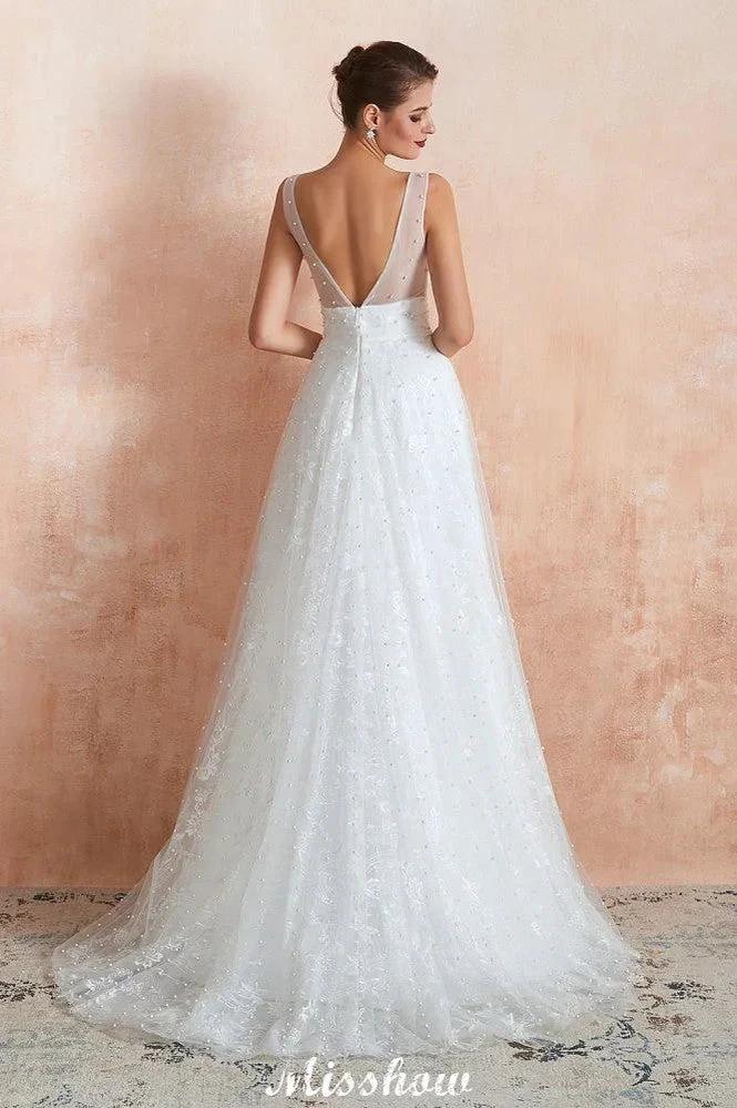 Elegant V-Neck Tulle Pearls Wedding Dress Beach Bridal Gown (ZD13970)
