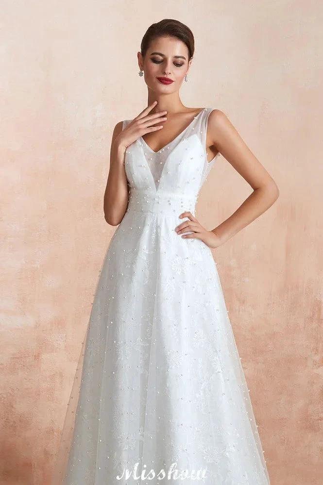 Elegant V-Neck Tulle Pearls Wedding Dress Beach Bridal Gown (ZD13970)