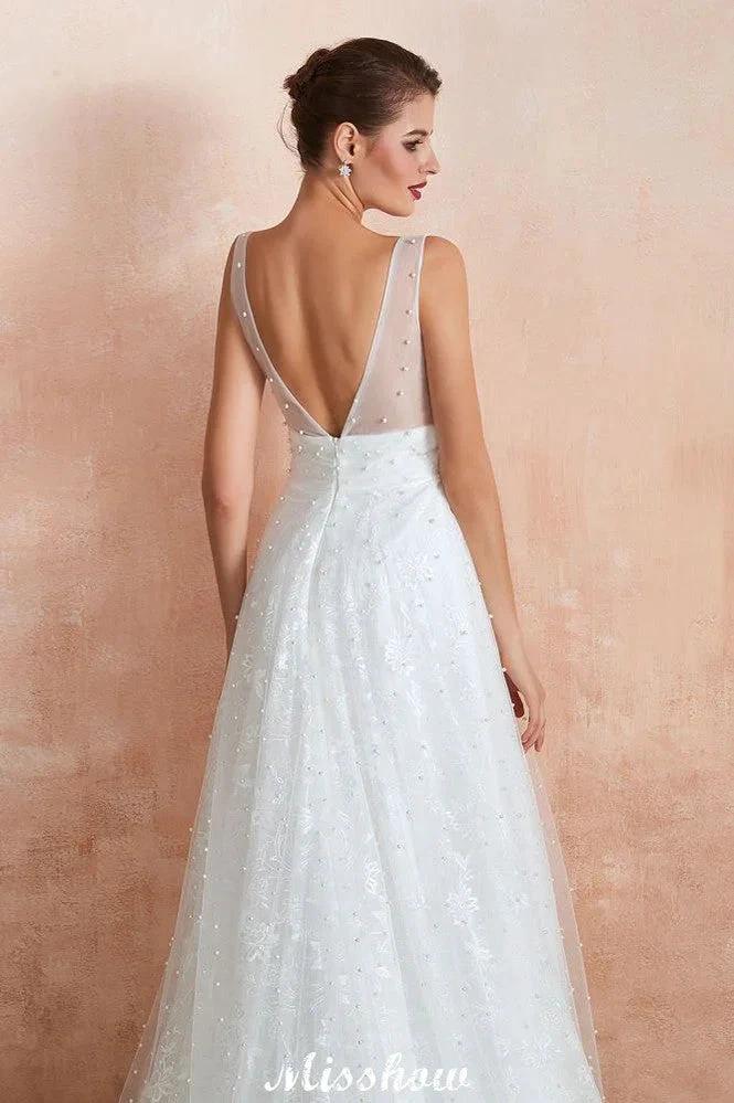 Elegant V-Neck Tulle Pearls Wedding Dress Beach Bridal Gown (ZD13970)