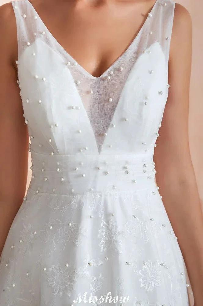 Elegant V-Neck Tulle Pearls Wedding Dress Beach Bridal Gown (ZD13970)