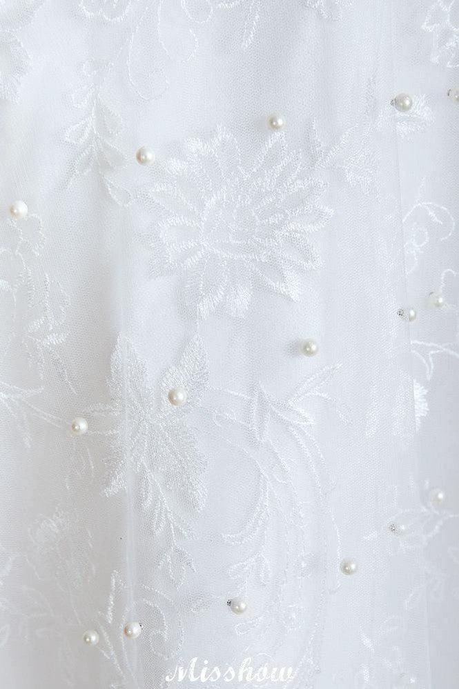 Elegant V-Neck Tulle Pearls Wedding Dress Beach Bridal Gown (ZD13970)