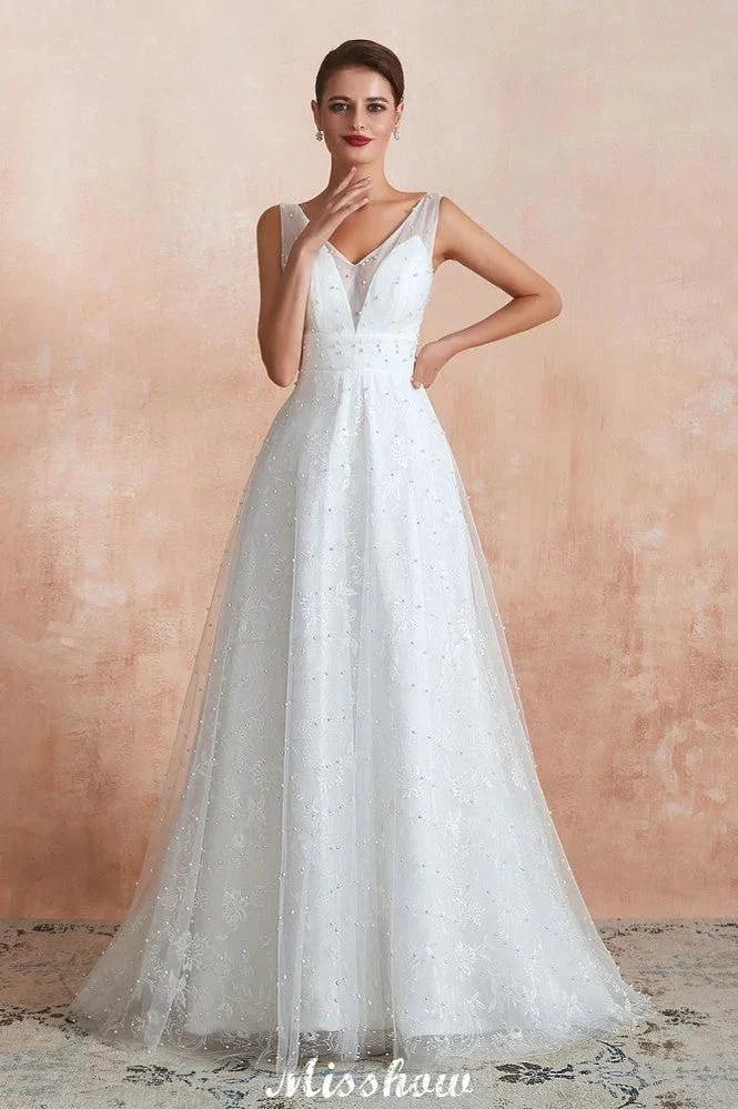 Elegant V-Neck Tulle Pearls Wedding Dress Beach Bridal Gown by misshow.com