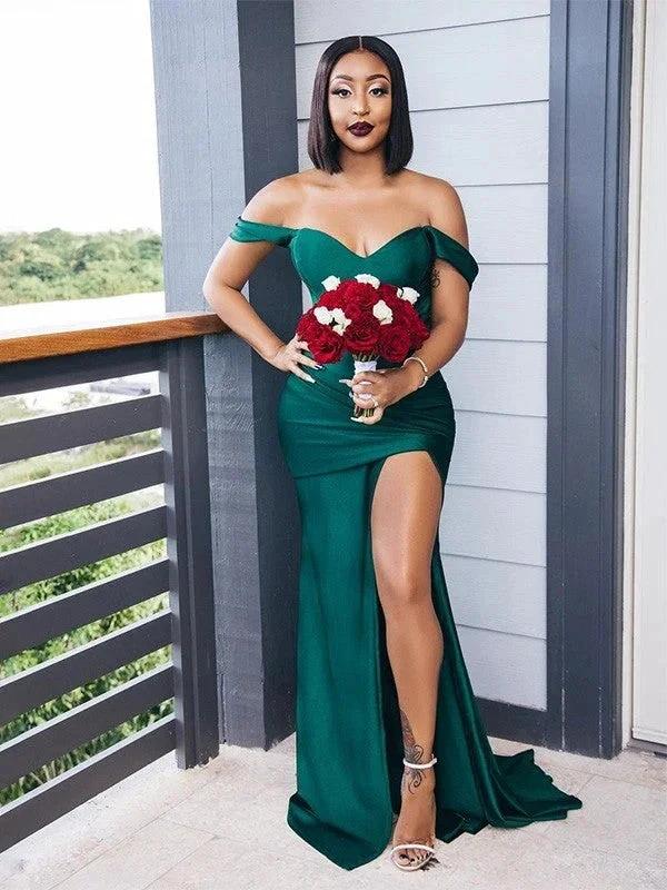 Elegant Vintage Off-the-Shoulder Elastic Woven Satin Ruched Sleeveless Bridesmaid Dresses (ZD13140)
