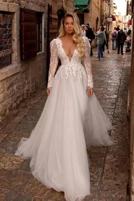 Elegant vneck longsleeves aline lace Wedding dresses (ZD14875)