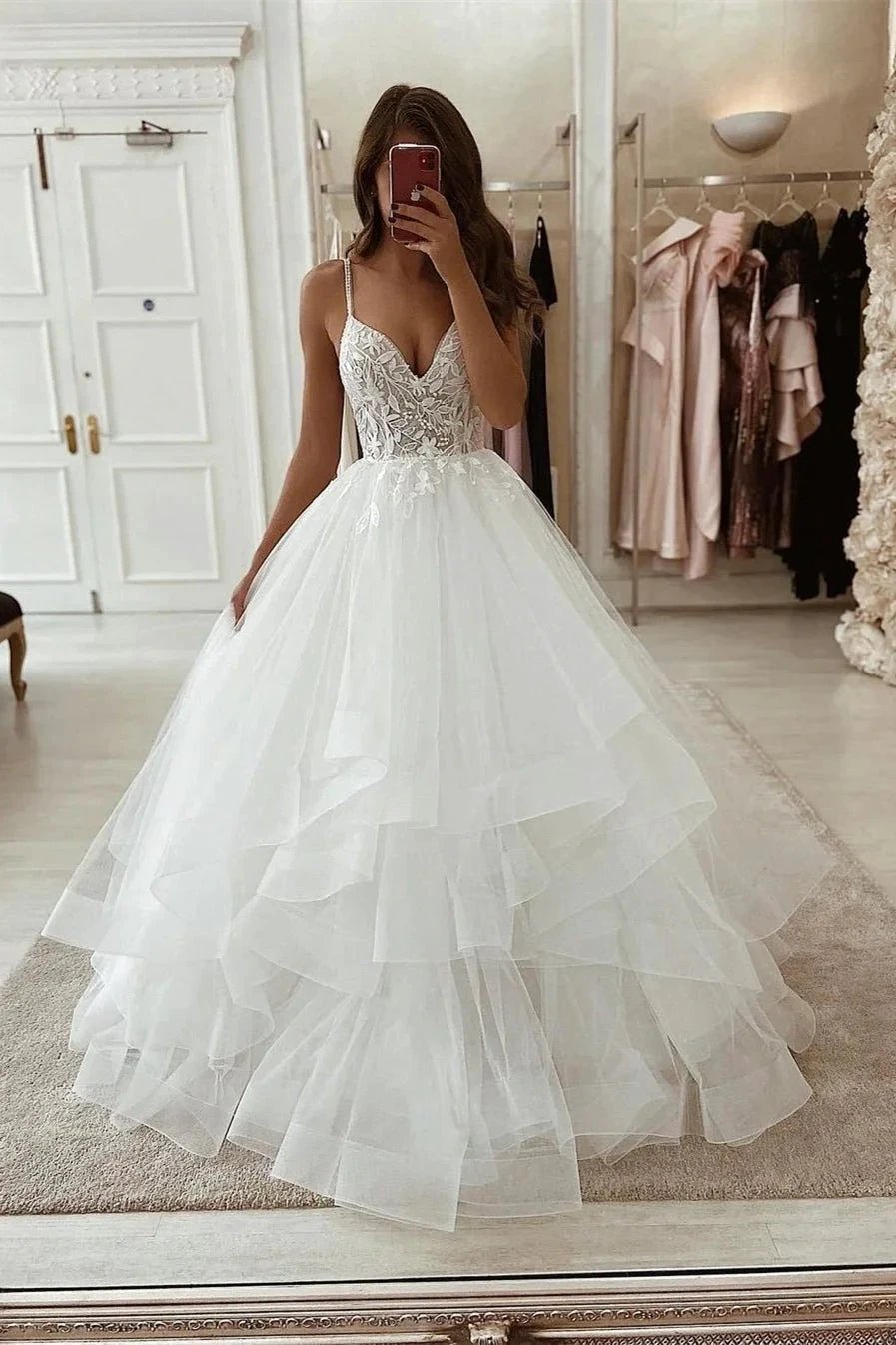 Elegant White A-line Sleeveless V-neck Tulle Wedding Dress With Lace (ZD14514)