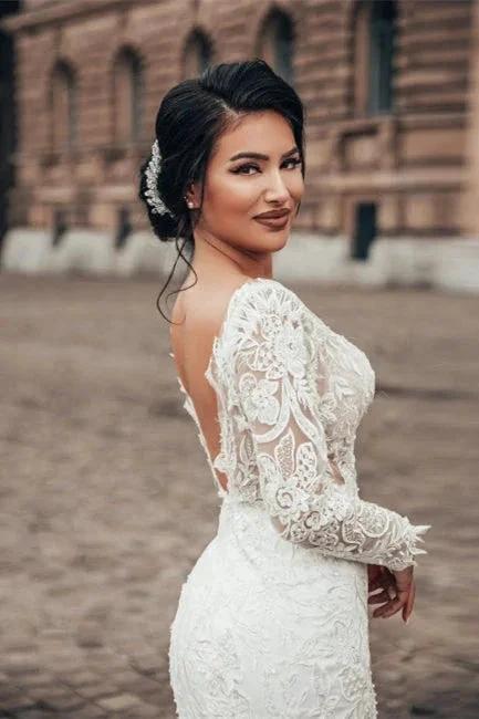 Elegant White Floral Lace Mermaid Spring Wedding Dress Long Sleeves V-Neck Slim Bridal Dresses (ZD16472)