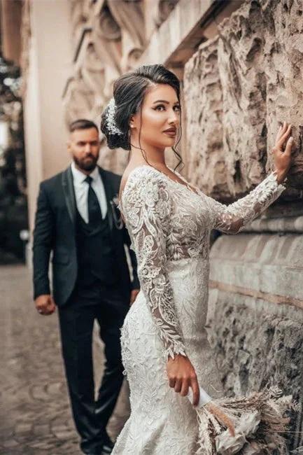 Elegant White Floral Lace Mermaid Spring Wedding Dress Long Sleeves V-Neck Slim Bridal Dresses (ZD16472)